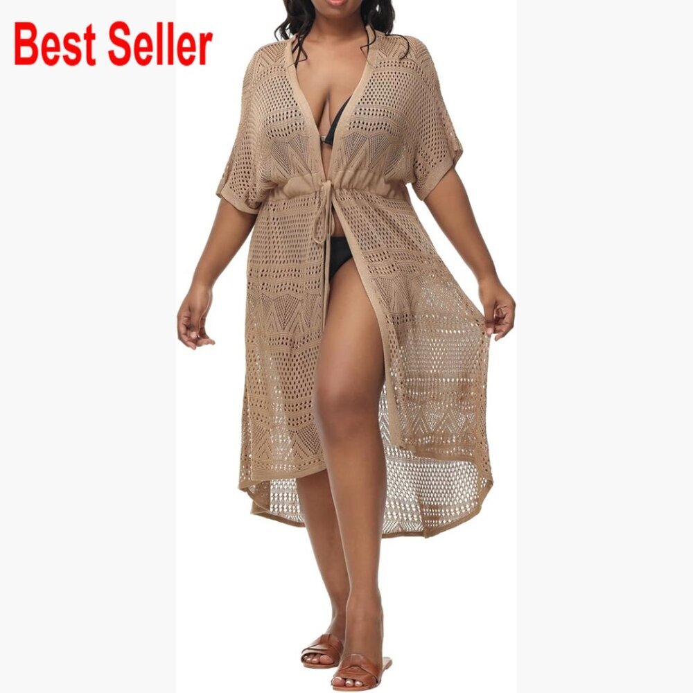 Plus Size Long Crochet Cover-Up Open Front Tie Beach Kimono Cardigan